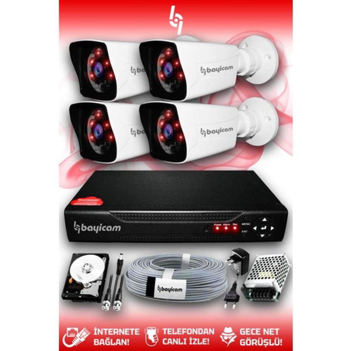 Bayicam 4 Kameralı Kare 4 Dış Kamera Set 320 GB HDD Full HD Gece Görüşlü Güvenlik Kamerası Sistemi