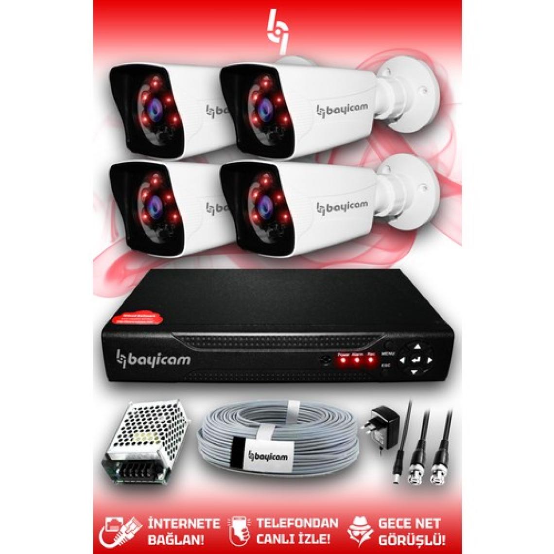 Bayicam 4 Kameralı Kare 4 Dış Kamera Set HDD'siz Full HD Gece Görüşlü Güvenlik Kamerası Sistemi