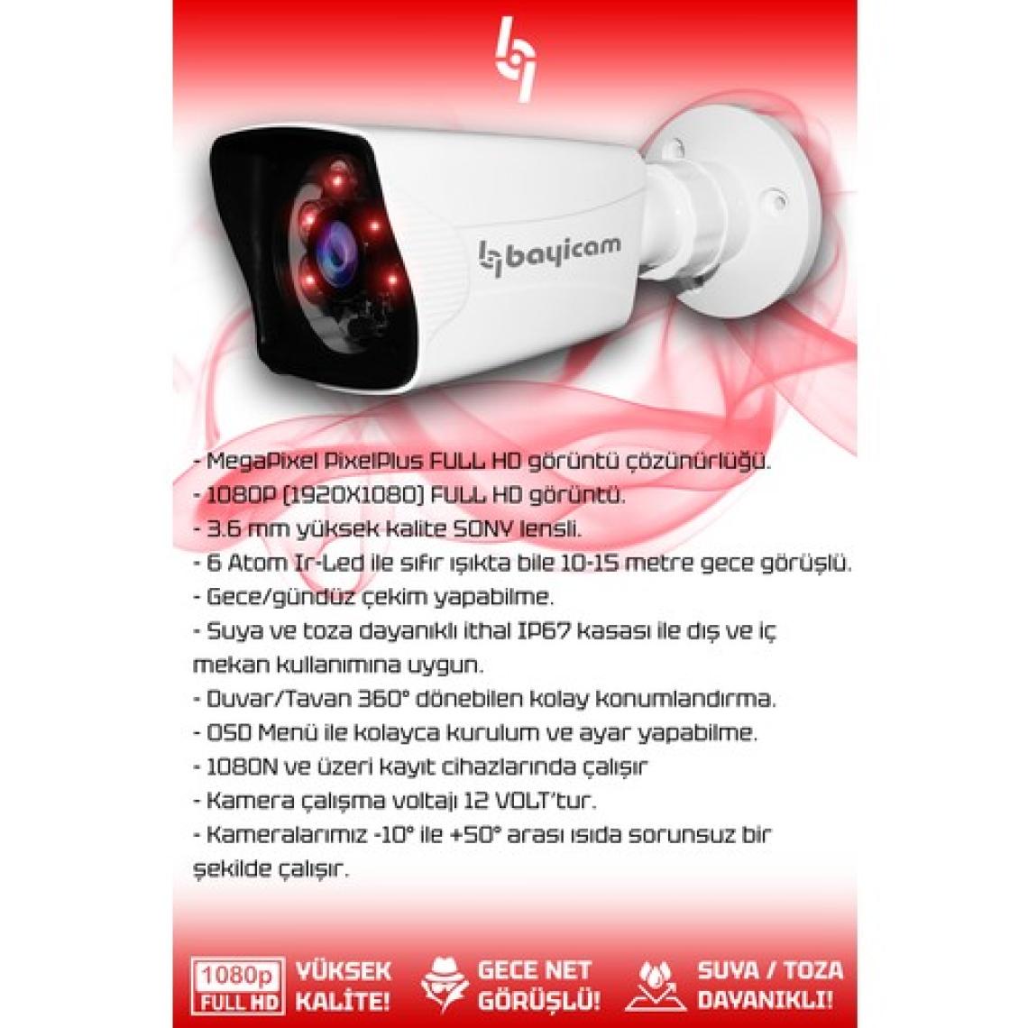 Bayicam 4 Kameralı Kare 4 Dış Kamera Set HDD'siz Full HD Gece Görüşlü Güvenlik Kamerası Sistemi