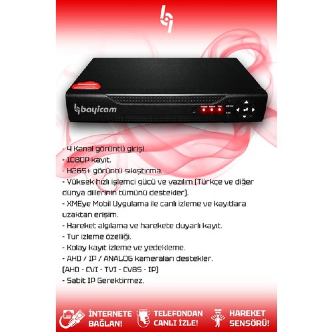 Bayicam 4 Kameralı Kare 4 Dış Kamera Set HDD'siz Full HD Gece Görüşlü Güvenlik Kamerası Sistemi