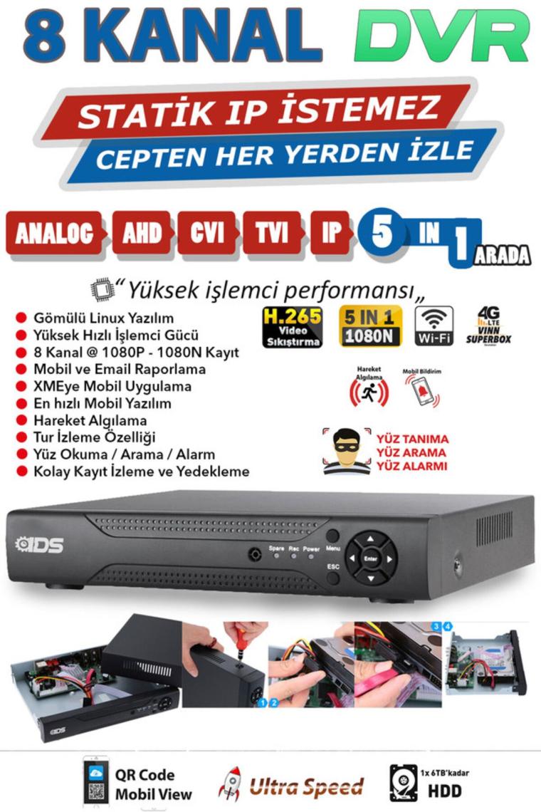 Ids - 6 Kameralı Set - 5mp Sony Lensli Full Hd Gece Görüşlü Su Geçirmez Cepten Izle - Güvenlik Kamerası Sistemi