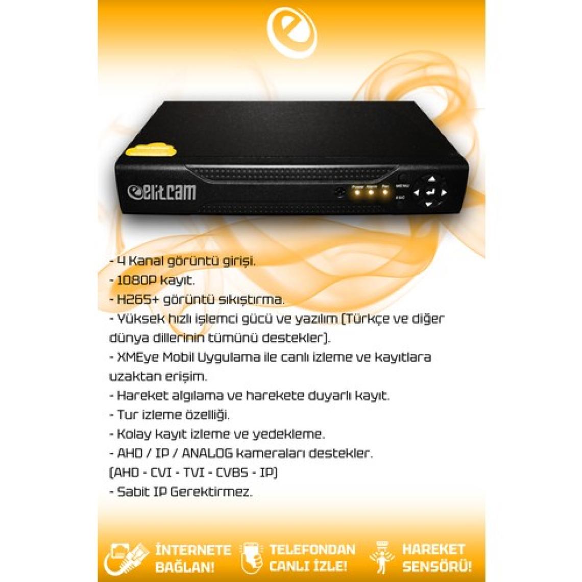 Elitcam 3 Kameralı Kare 3 Dış Kamera Set 320 GB HDD Full HD Gece Görüşlü Güvenlik Kamerası Sistemi
