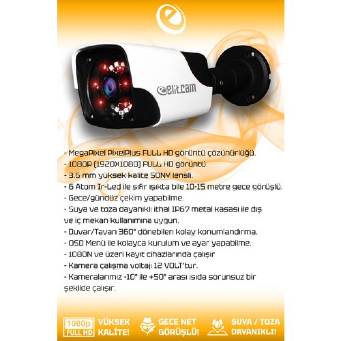 Elitcam 2 Kameralı Panda 2 Dış Kamera Set 250 GB HDD Full HD Gece Görüşlü Güvenlik Kamerası Sistemi