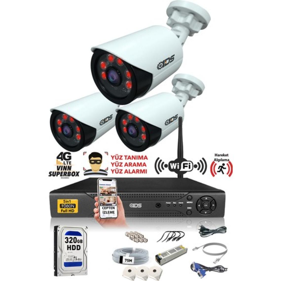 Ids 3 Kameralı 5mp Lensli 1080P Fullhd Kamera Seti - Gece Görüşlü - Su Geçirmez - Cepten Izle