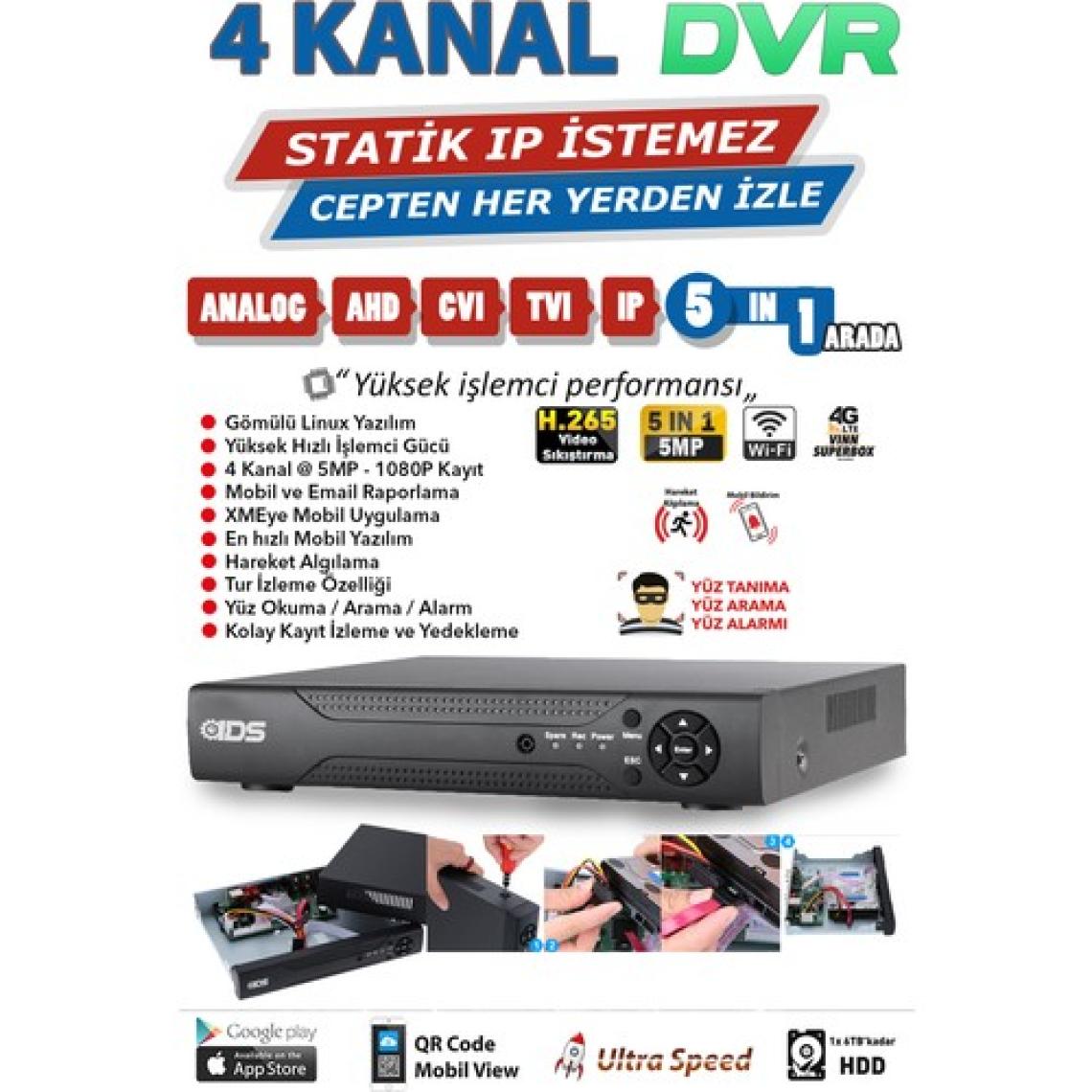 Ids 3 Kameralı 5mp Lensli 1080P Fullhd Kamera Seti - Gece Görüşlü - Su Geçirmez - Cepten Izle