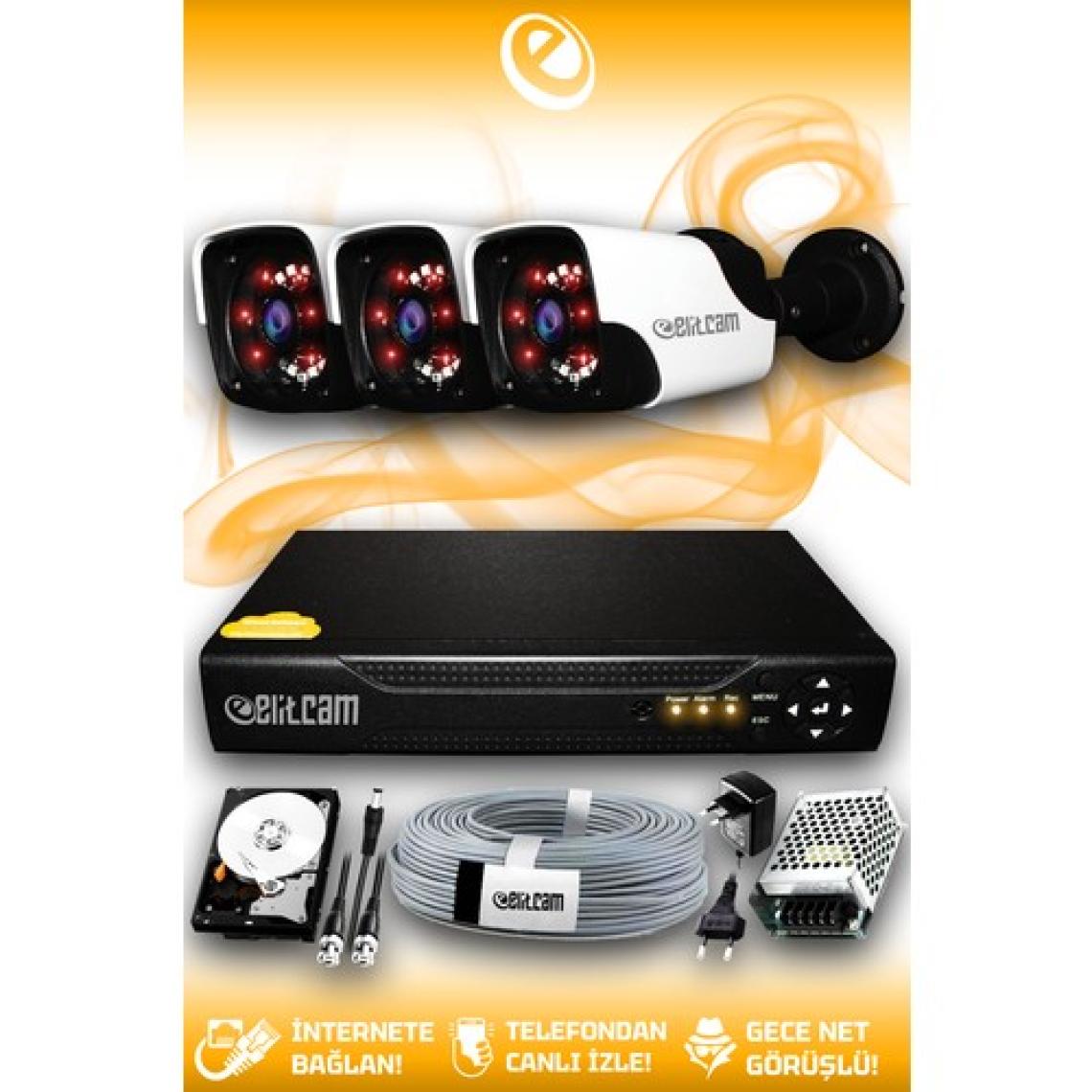 Elitcam 3 Kameralı Panda 3 Dış Kamera Set 1 Tb HDD Full Hd Gece Görüşlü Güvenlik Kamerası Sistemi