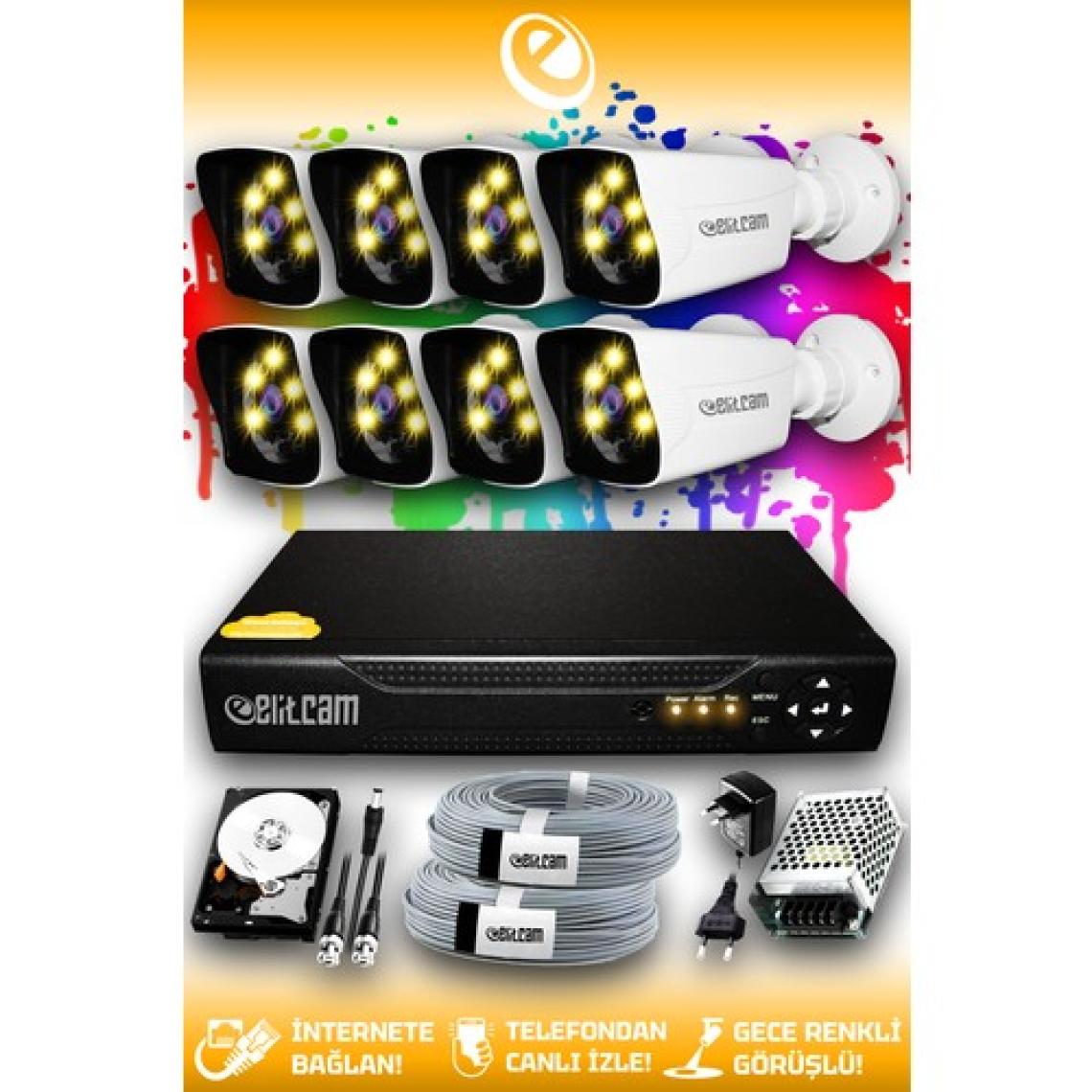 Elitcam 8 Kameralı Kare 8 Dış Kamera Set 500 GB HDD Full HD Renkli Gece Görüşlü Güvenlik Kamerası Sistemi