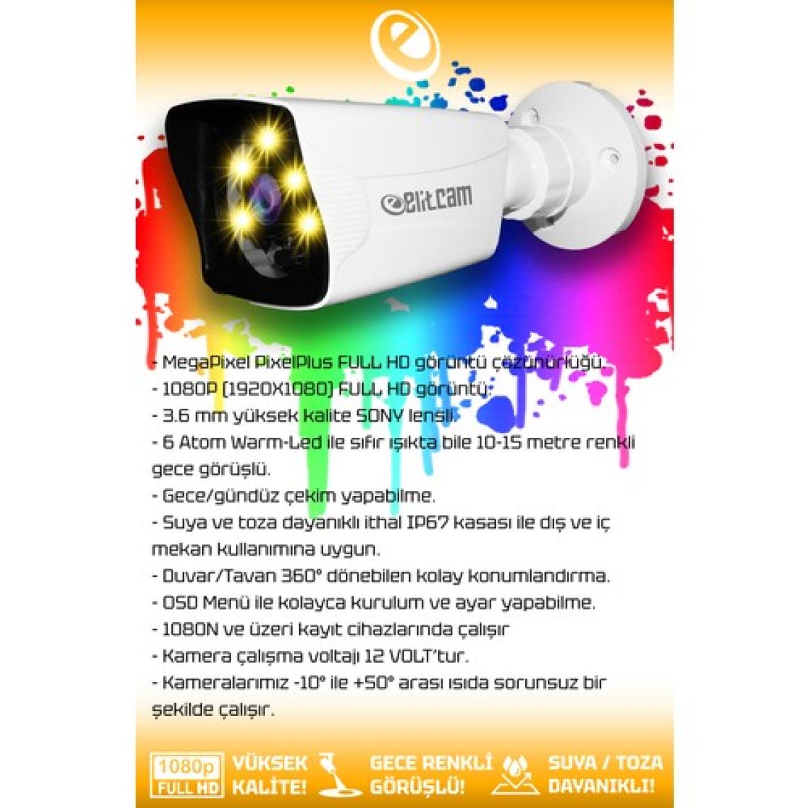 Elitcam 8 Kameralı Kare 8 Dış Kamera Set 500 GB HDD Full HD Renkli Gece Görüşlü Güvenlik Kamerası Sistemi