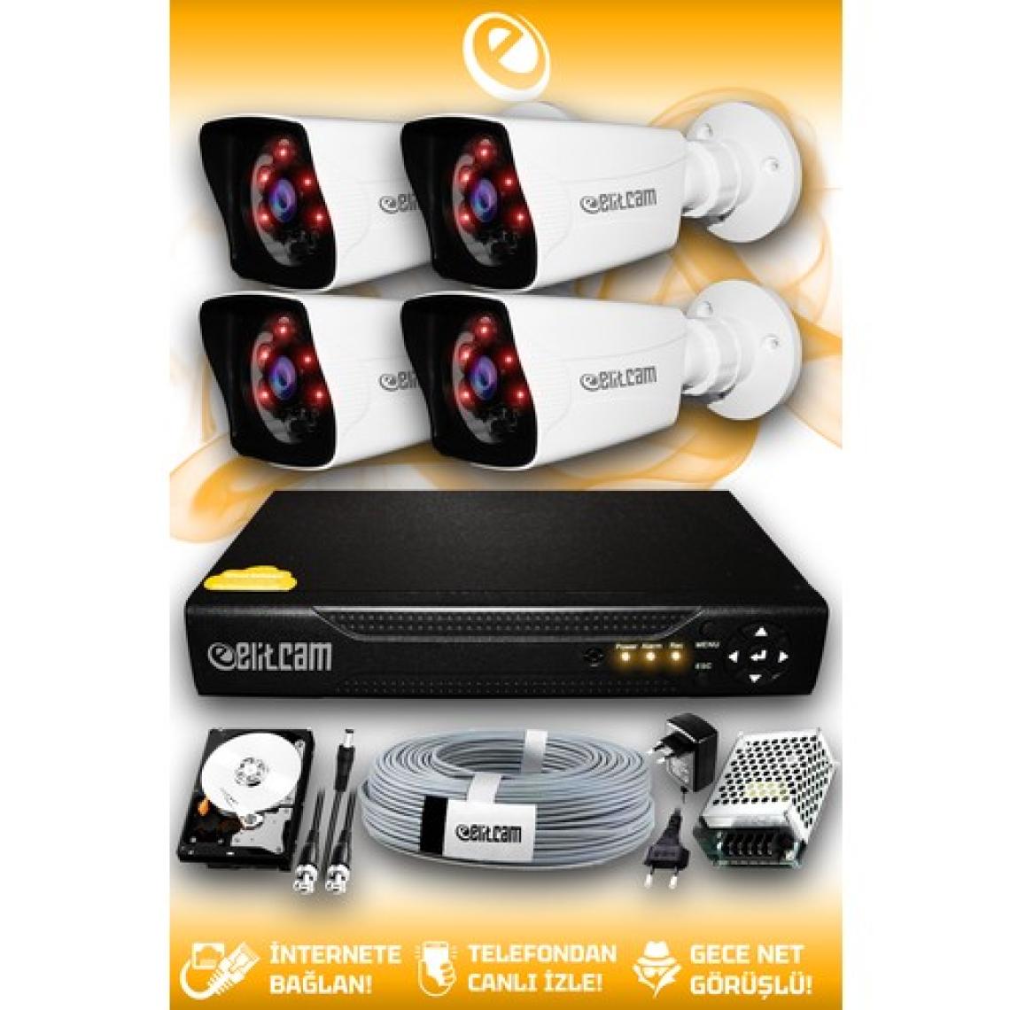 Elitcam 4 Kameralı Kare 4 Dış Kamera Set 320 GB HDD Full HD Gece Görüşlü Güvenlik Kamerası Sistemi