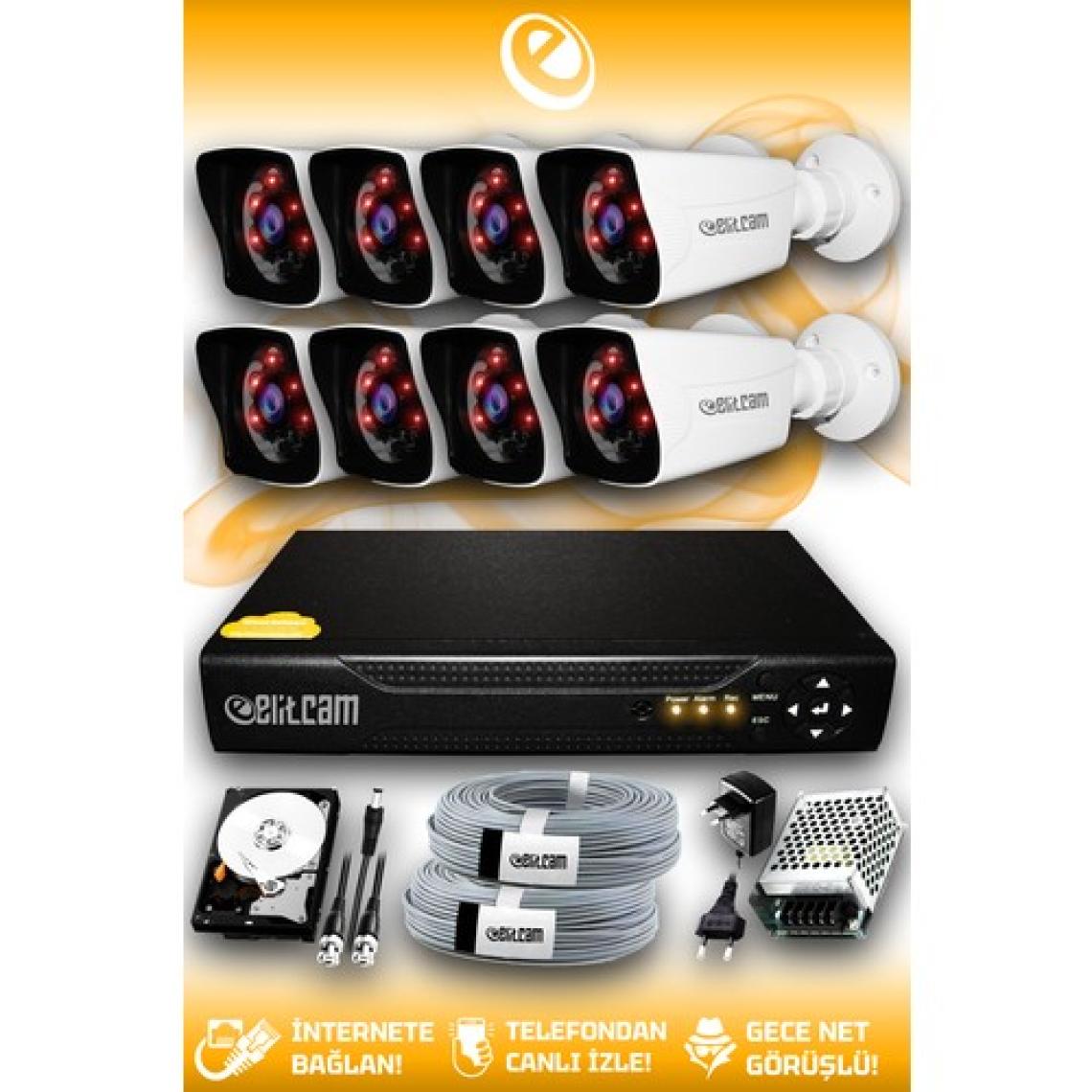 Elitcam 8 Kameralı Kare 8 Dış Kamera Set 500 GB HDD Full HD Gece Görüşlü Güvenlik Kamerası Sistemi