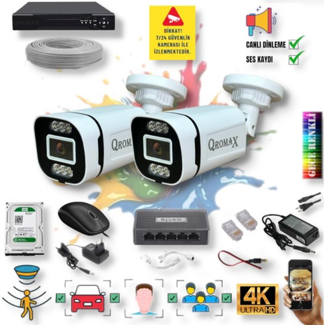 Qromax 2 Kameralı IP Set - Yapay Zeka Özellikli Gece Renkli Gösteren Sesli 6 Warm Ledli 4K FULLHD IP Güvenlik Kamerası Seti 4386WS