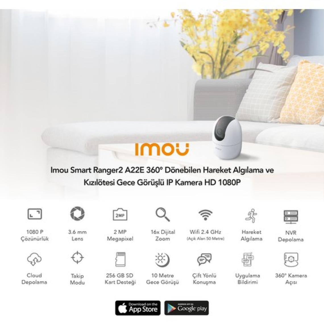 IMOU Ranger 2 İç Ortam Akıllı WiFi PT Kamera/2 MP-Gece Görüşü-360° Hareket-İnsan Algılama-İki Yönlü Konuşma-SD Kart Desteği-ONVIF-Bulut(IPC-A22EP)