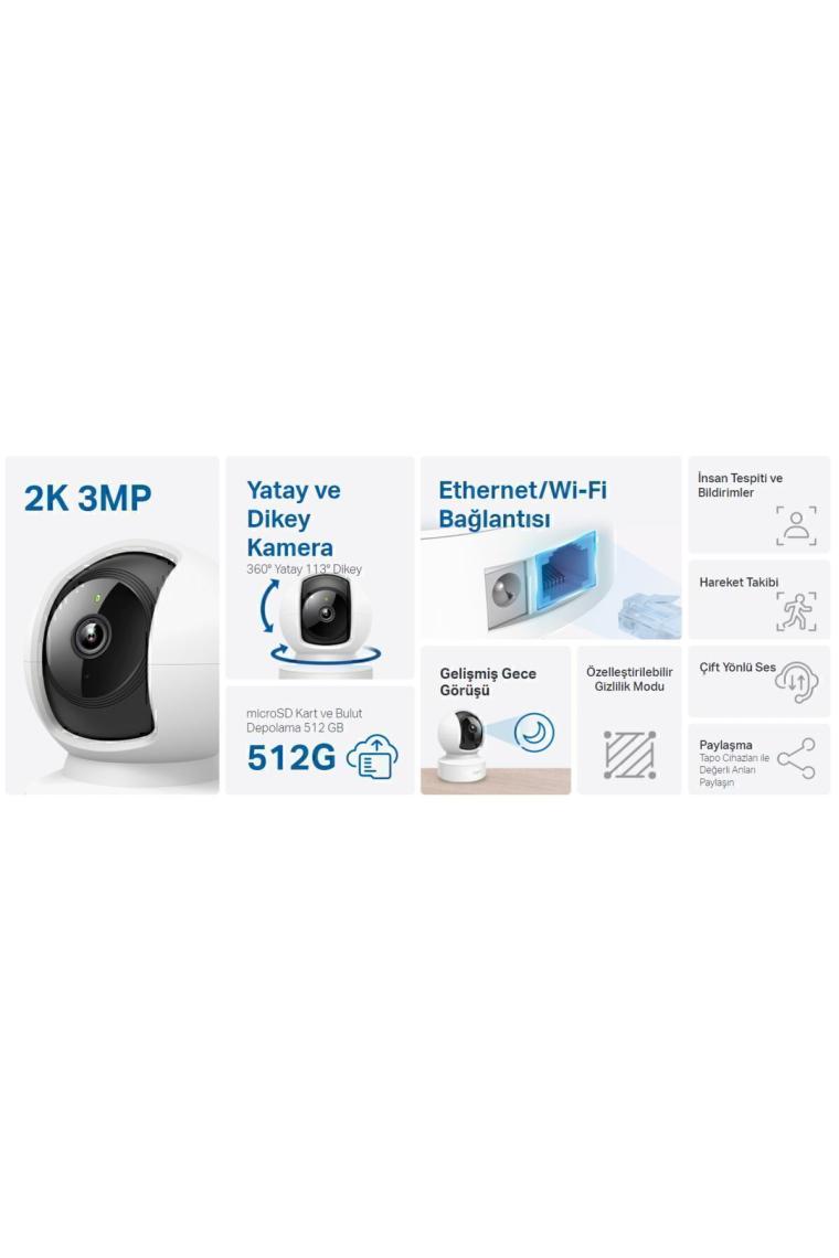 Tapo C212, 2K 3MP,Hareket Tespit ve Takibi,360, Gece Görüşü,Wi-Fi/Ethernet Güvenlik Kamerası