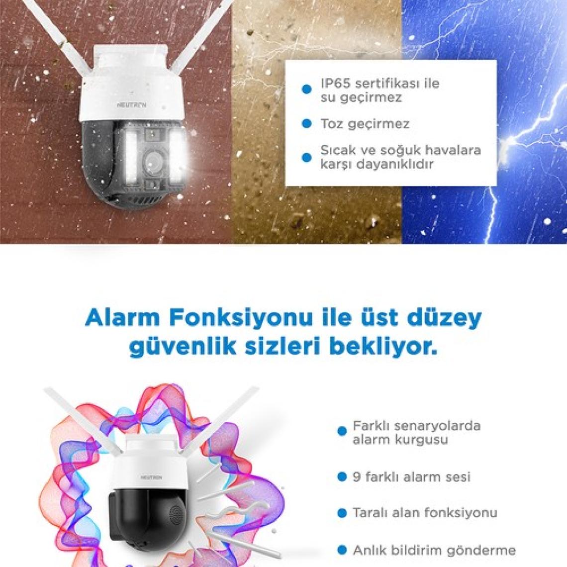 Neutron Gece Görüşlü LED Işıklı 360° Dönebilen Alarmlı Ptz Dış Ortam Kamerası - App ile Kontrol