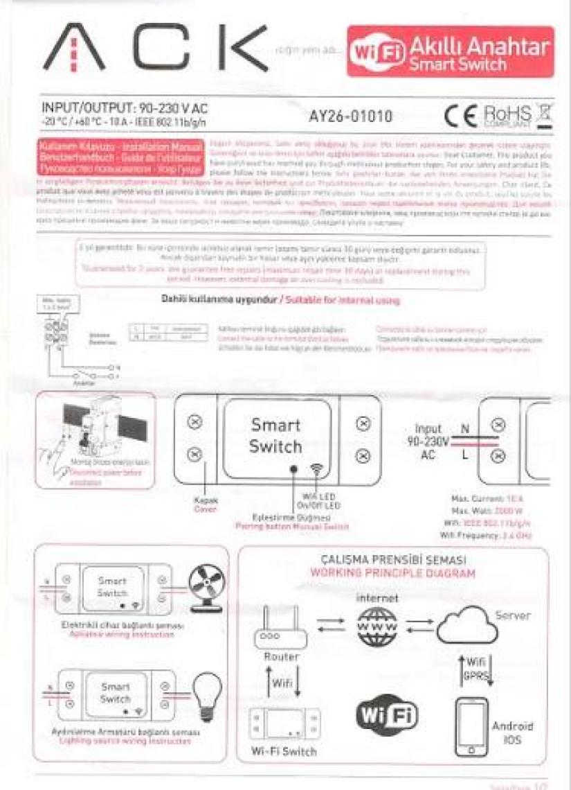 Ack Wi-Fi Akıllı Anahtar AY26-01010