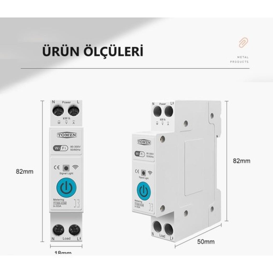 Tomzn Akıllı Sigorta Uzaktan Kumanda Özellikli Dahili Enerji Ölçerli ve Sayaçlı Dahili Kontaktör Voltmetre Ampermetre Zaman Rölesi 63A TOB9-63M