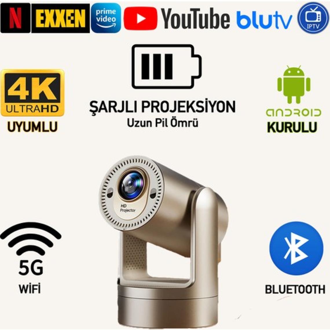 Robeve Kalobee Şarjlı Akıllı Mini Projektör Şarjlı Projeksiyon Cihazı - Android Kurulu, 4K/1080P Çözünürlük, Wifi 6, Bluetooth 5.0, Taşınabilir Kablosuz Ev Sineması Projektörü Akıllı Projeksiyon