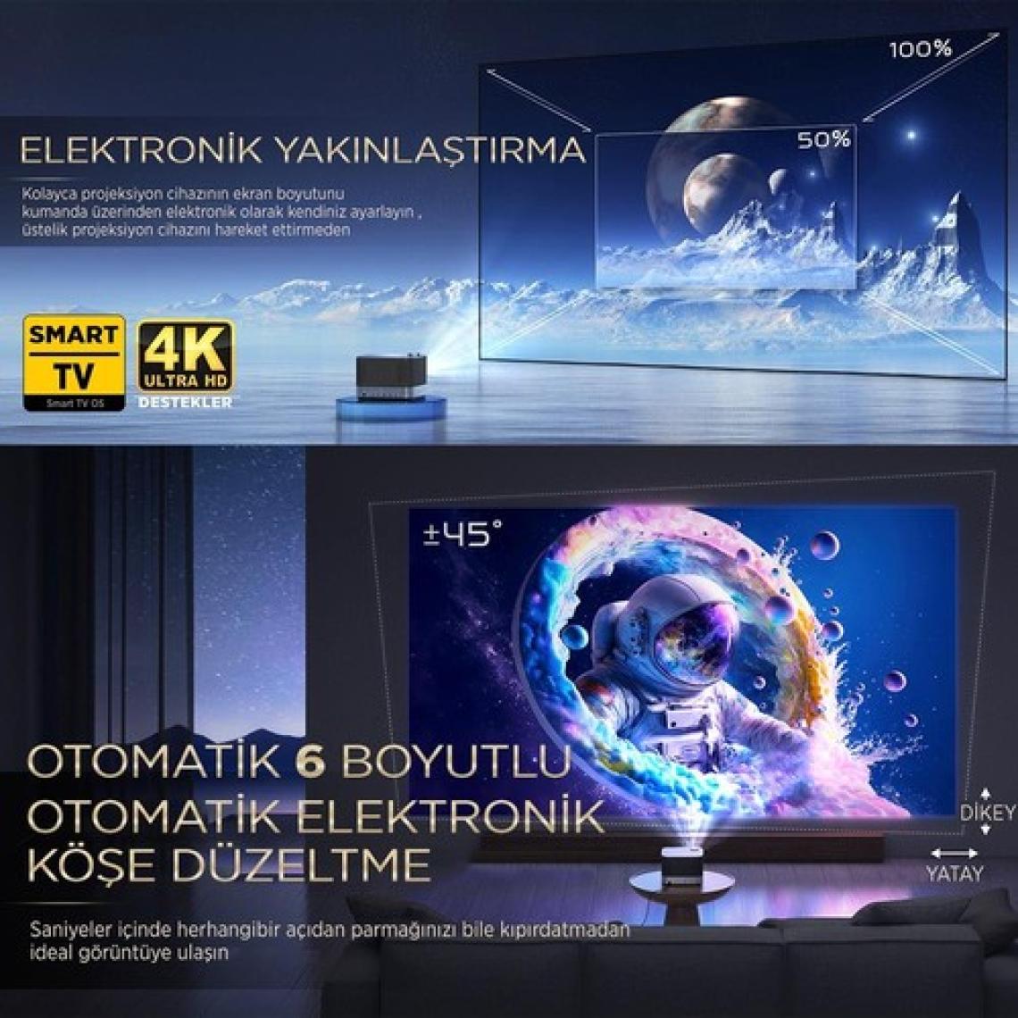 Vankyo Aurzen Boom 3 4K Android Projeksiyon Cihazı + Auto Focus + Auto Keystone + 6g Wifi + 5.2 Bluetooth +300 Inç Yansıtma + 36W Hifi Dolby Ses Sistemi
