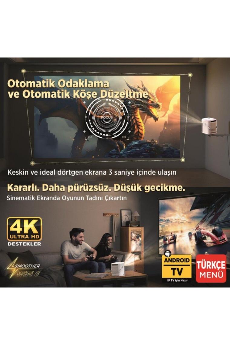 H300a Android Tv 4k Destekli Projeksiyon Cihazı Auto Focus Auto Keystone 6gwi-fi 5.2bluetooth