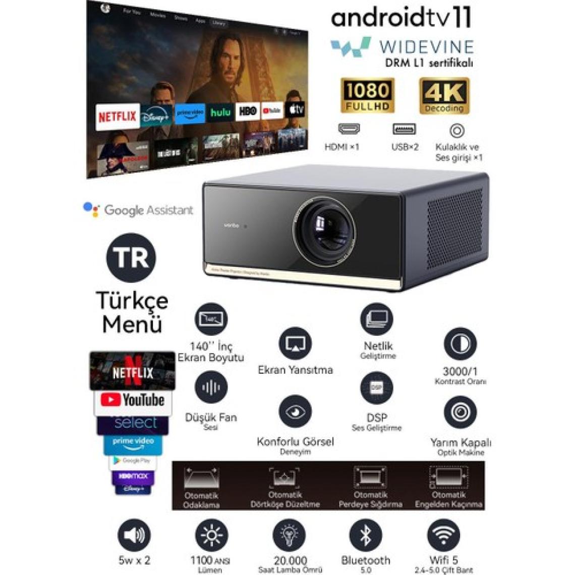 Wanbo X5 Pro Projeksiyon Cihazı 1100 ANSI Lümen, Google TV, Otomatik Görüntü Düzeltme, Ultra Sessiz Çalışma