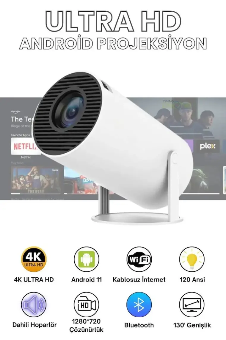 Turco HY300 Stargazer Android Projeksiyon Cihazı 720P 120ANSI Wifi Bluetooth Ev Sinema Projektörü