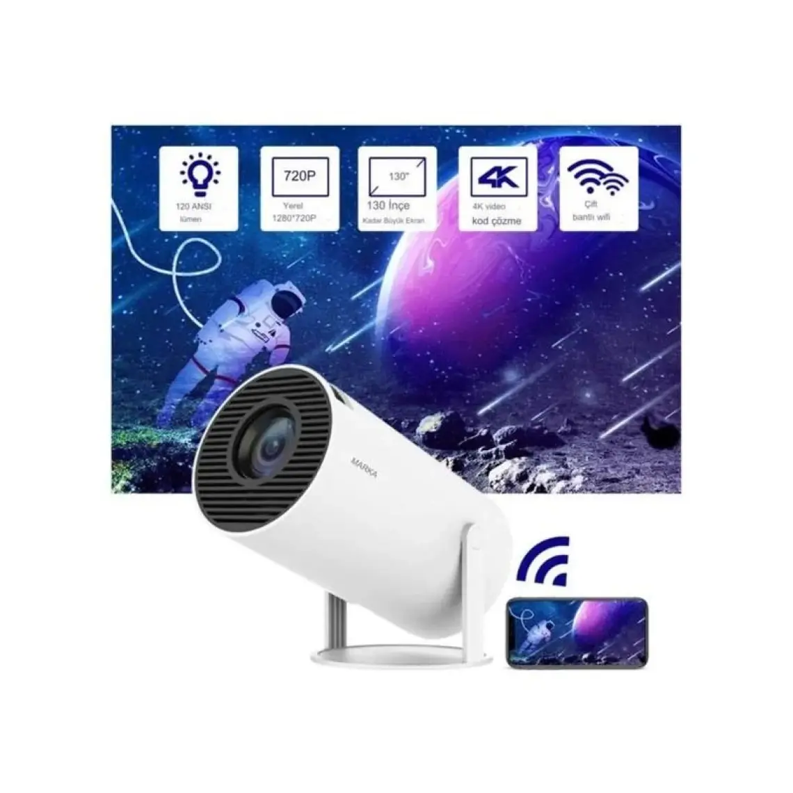 Turco HY300 Stargazer Android Projeksiyon Cihazı 720P 120ANSI Wifi Bluetooth Ev Sinema Projektörü