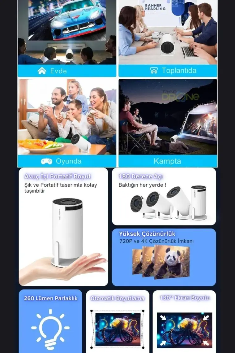 Turco HY300 Stargazer Android Projeksiyon Cihazı 720P 120ANSI Wifi Bluetooth Ev Sinema Projektörü
