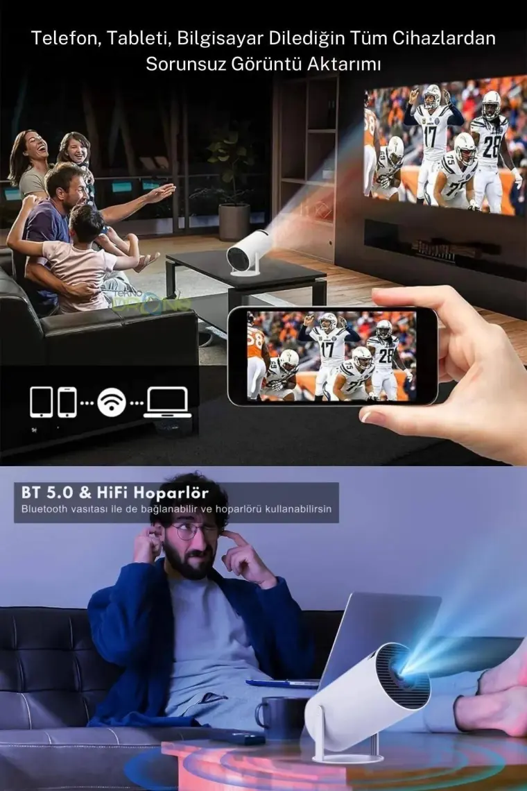 Turco HY300 Stargazer Android Projeksiyon Cihazı 720P 120ANSI Wifi Bluetooth Ev Sinema Projektörü