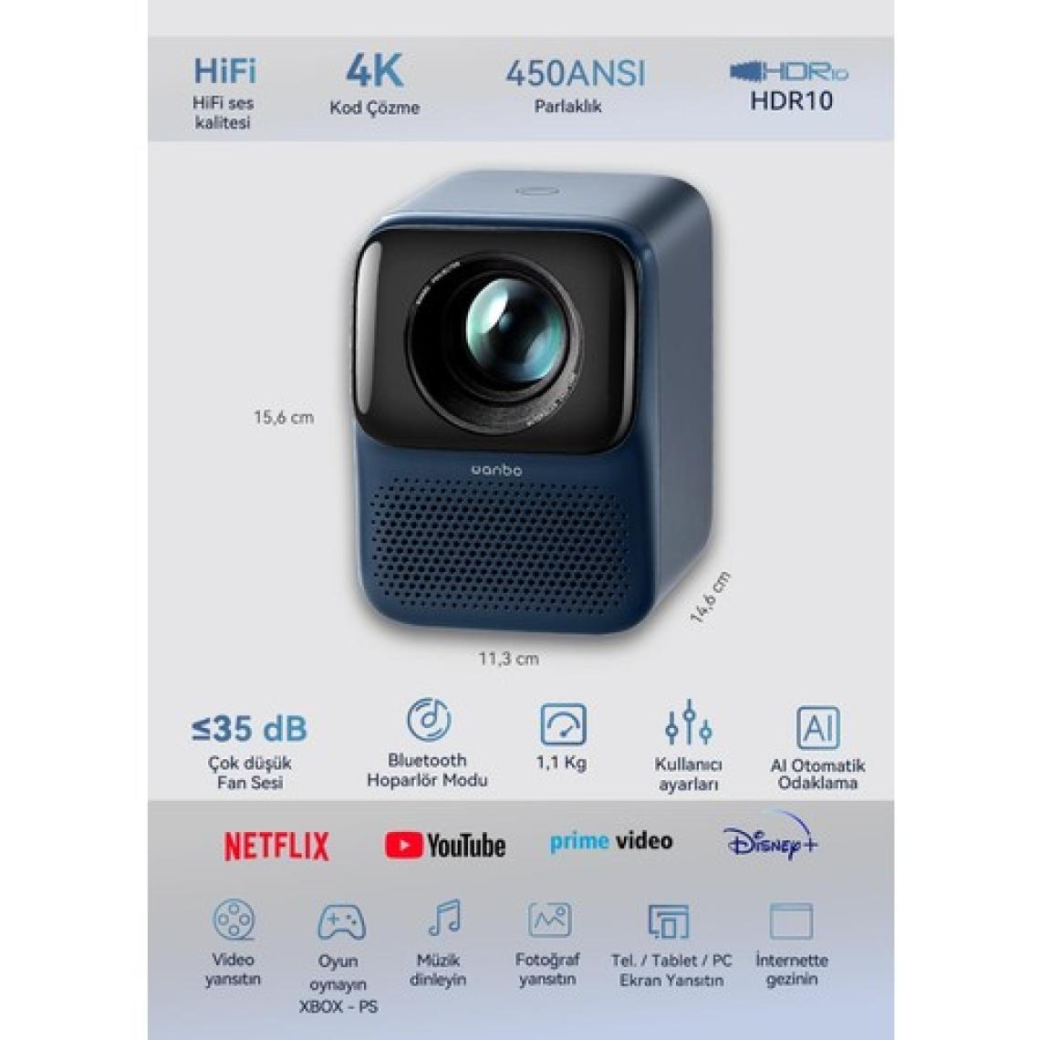Wanbo T2 Max New 450 Lümen Full HD Wi-Fi Android Taşınabilir Mavi Mini LED Projeksiyon Cihazı