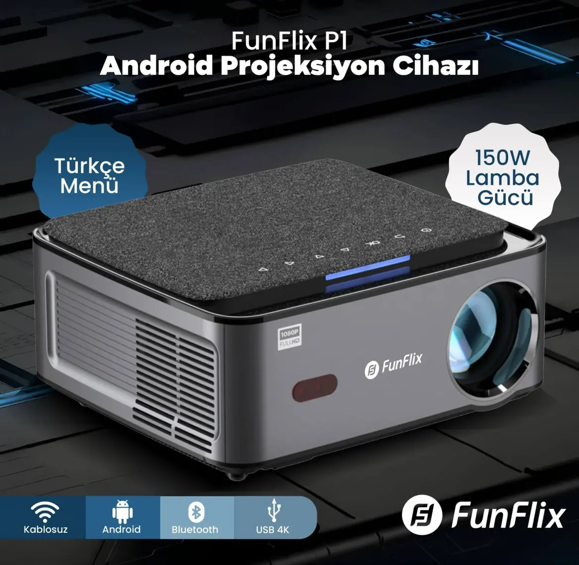 Funflix P1 Android 4K Destekli LED Full Hd Projeksiyon Cihazı, Bluetooth, 150W Lamba, 300 Inç Görüntü