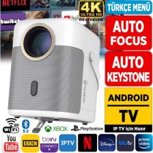 Vankyo H300A Android TV 4K Destekli Projeksiyon Cihazı +Auto Focus+Auto Keystone 6G Wi-Fi+5.2 Bluetooth 240 Inç Yansıtma+HiFi Dolby Ses Sistemi Beyaz PS5/PS4/XBOX/HDMI/USB