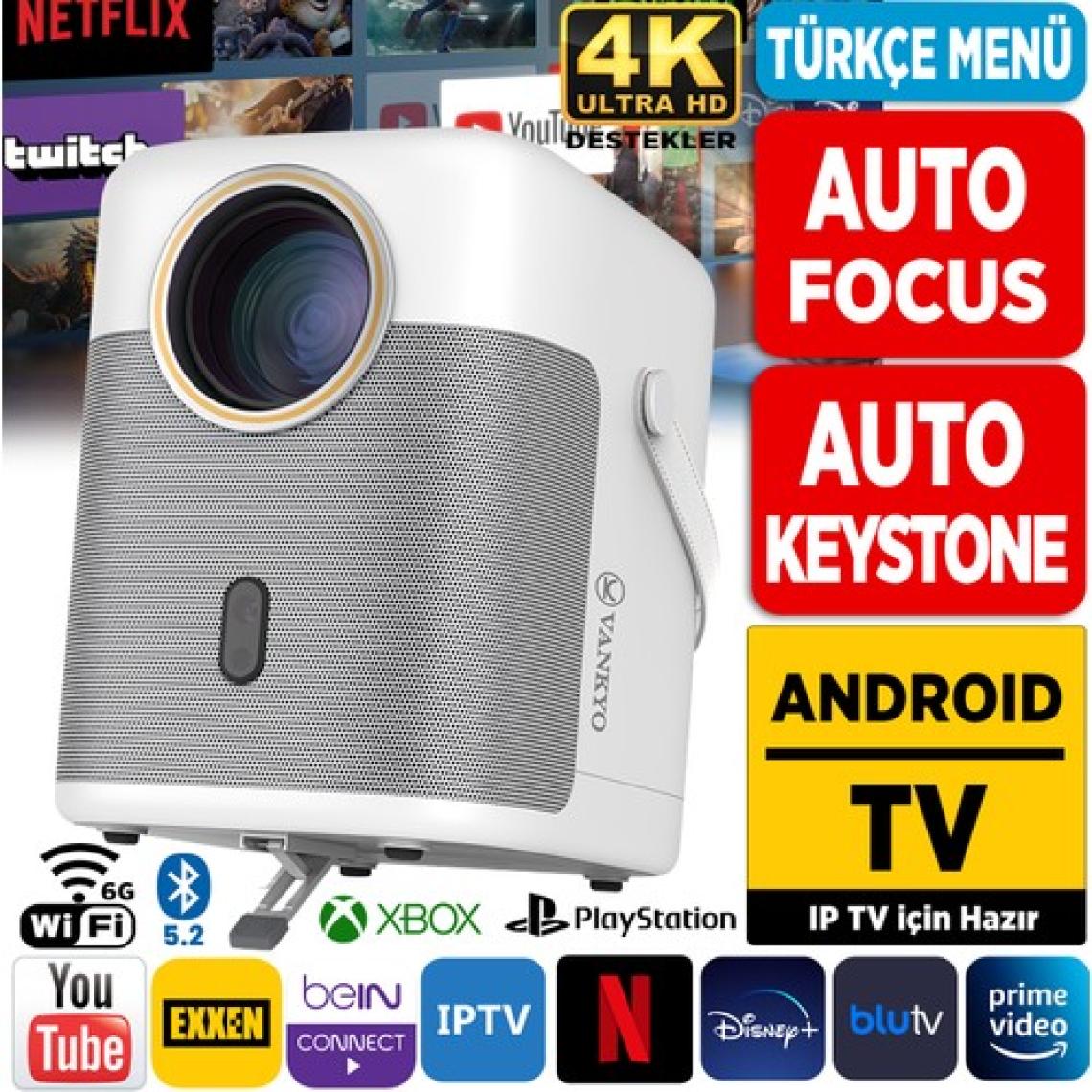 Vankyo H300A Android TV 4K Destekli Projeksiyon Cihazı +Auto Focus+Auto Keystone 6G Wi-Fi+5.2 Bluetooth 240 Inç Yansıtma+HiFi Dolby Ses Sistemi Beyaz PS5/PS4/XBOX/HDMI/USB