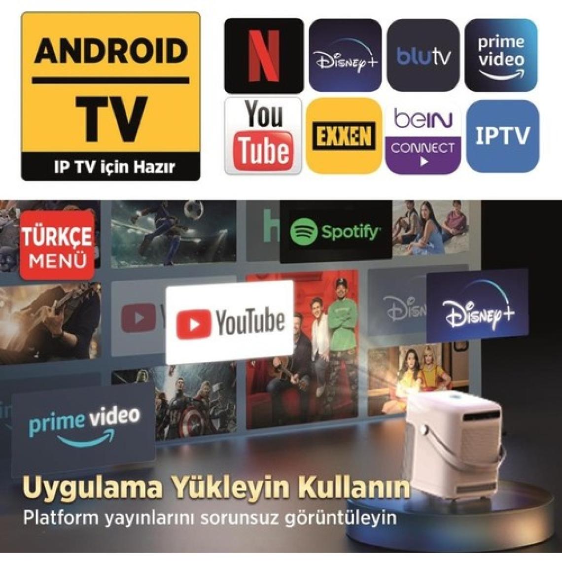 Vankyo H300A Android TV 4K Destekli Projeksiyon Cihazı +Auto Focus+Auto Keystone 6G Wi-Fi+5.2 Bluetooth 240 Inç Yansıtma+HiFi Dolby Ses Sistemi Beyaz PS5/PS4/XBOX/HDMI/USB