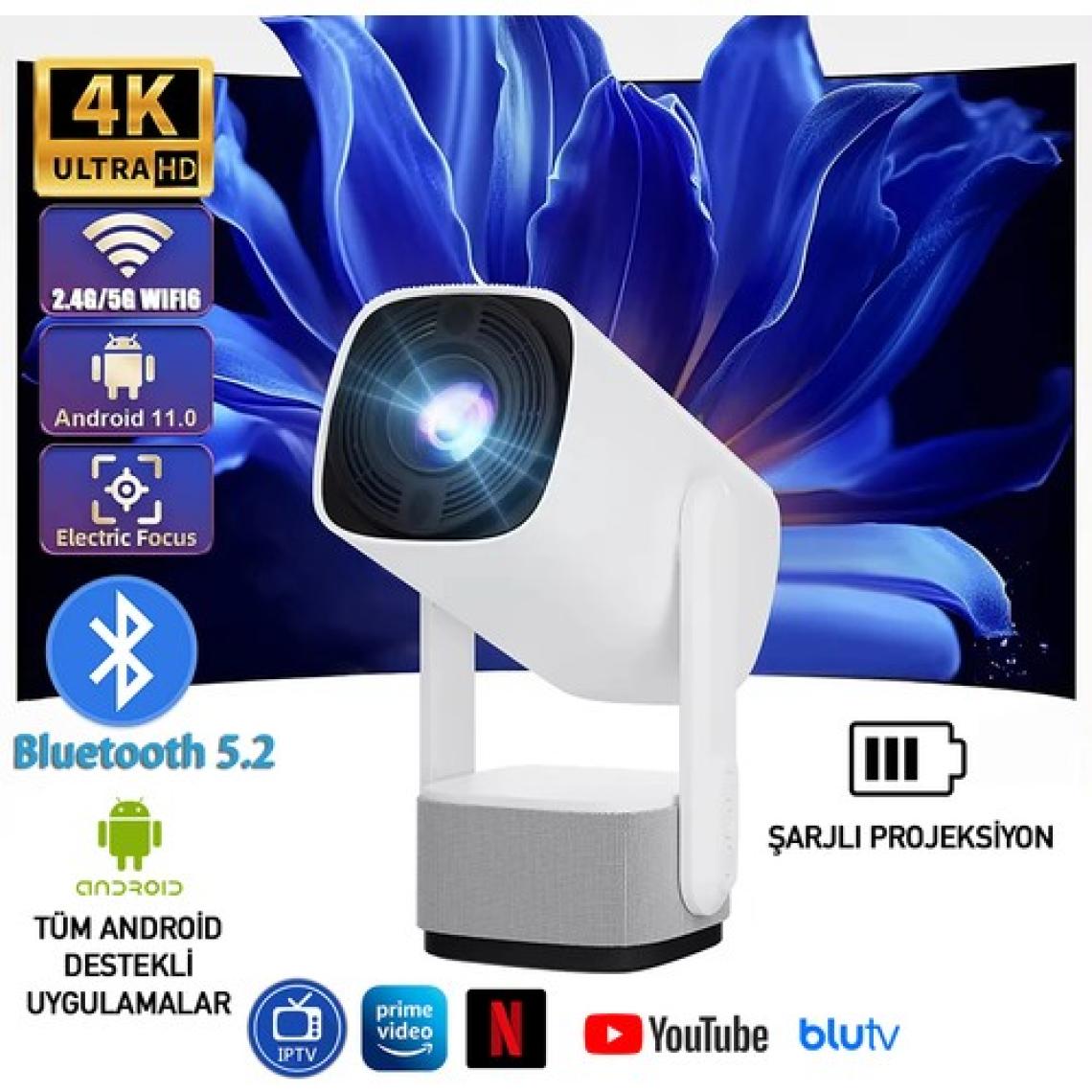 Robeve Full Hd 1080P Şarjlı Projeksiyon Cihazı - Dev Ekran, Wifi Bağlantılı, Hazır Android Kurulu, Hdmı/usb Girişli, Ev Sinema Sistemi Taşınabilir Projektör Sinema Sistemi Şarjlı Projeksiyon Cihazı