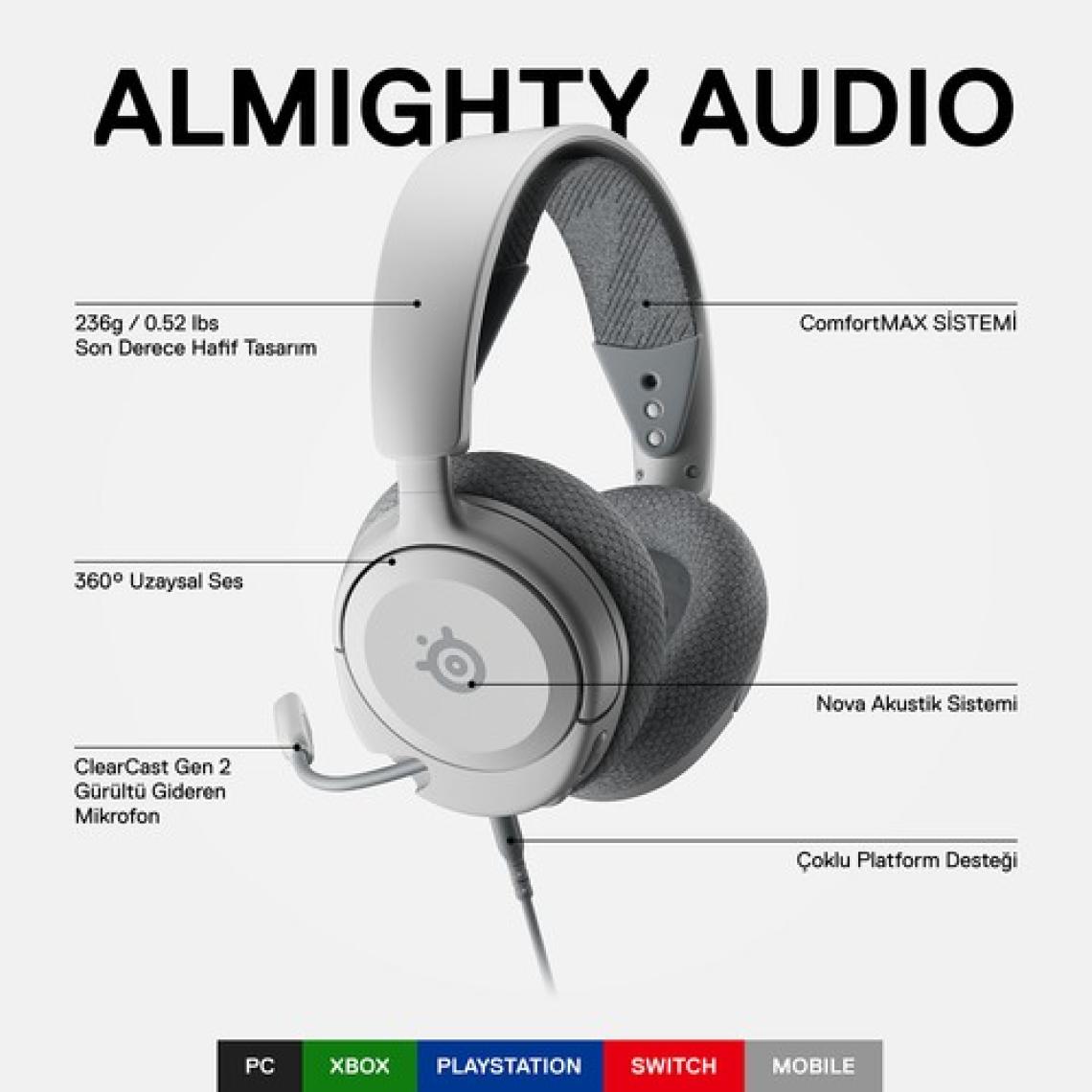 SteelSeries Arctis Nova 1 Kablolu Mikrofonlu Kulak Üstü Oyuncu Kulaklığı Beyaz