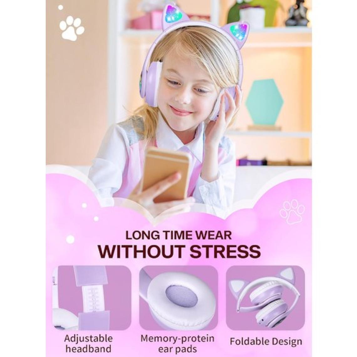 Qasul Stn-28 Kedi Kulak Kulaklık Yeni Sevimli Moda Bluetooth 5.0 Kulaklık Yüksek Ses Akıllı LED Işıklı