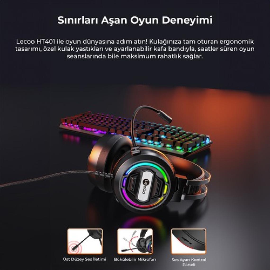 Lecoo HT401 Kablolu USB 2.0 RGB LED Aydınlatmalı Mikrofonlu Kulak Üstü Gaming Kulaklık Siyah