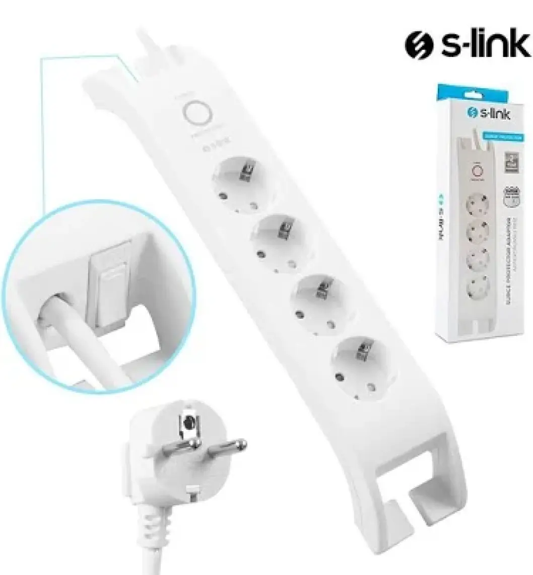 S-link SPG3040 2m 3G1.5mm2 900 Joule 4Lü Akım Korumalı Beyaz Priz