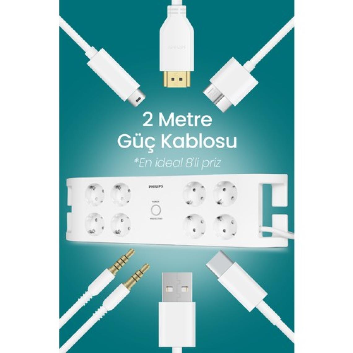 Philips SPN3080B 2 Metre 8'li Akım Korumalı Priz