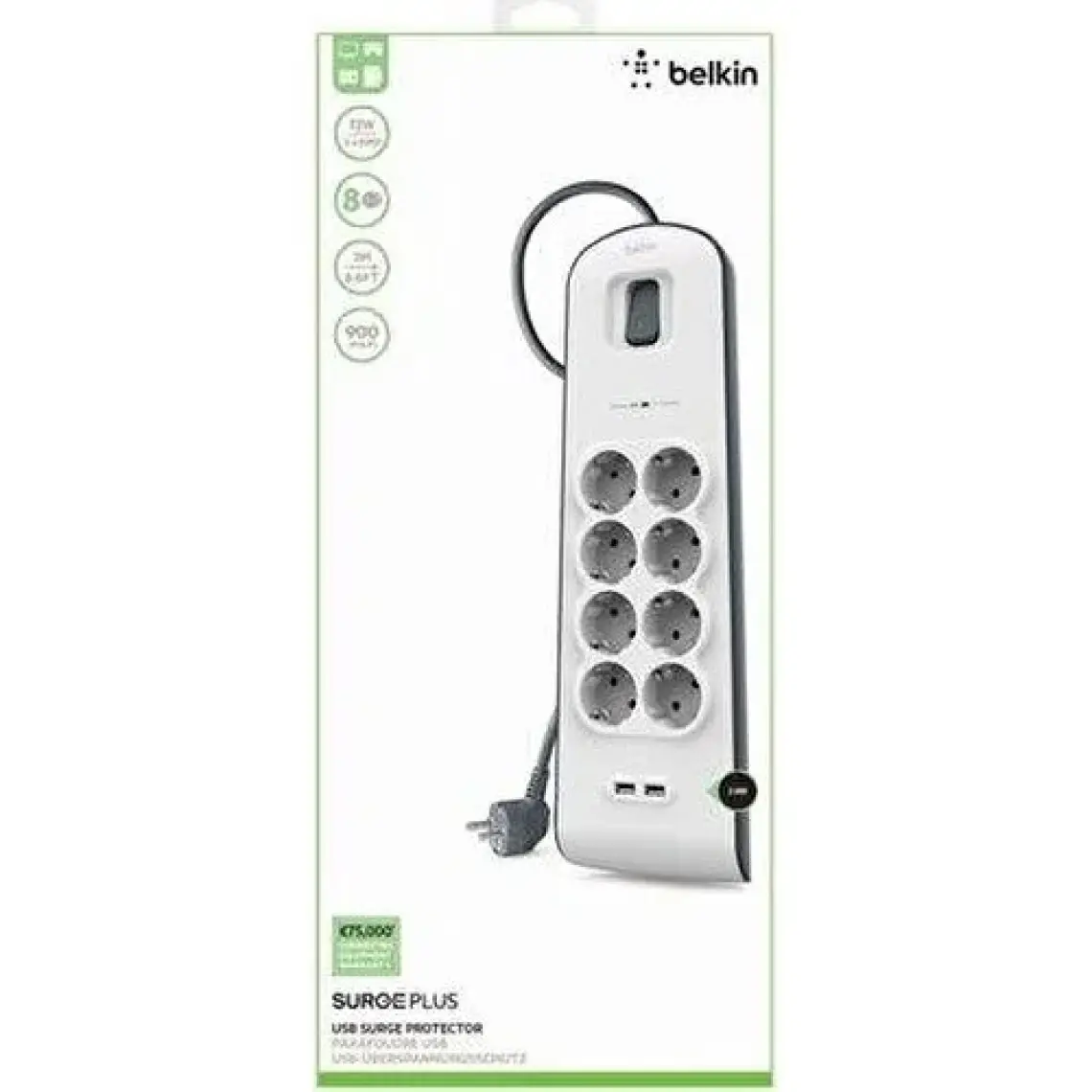 Belkin BSV804VF2M 8'li 2M Akım Korumalı Priz + 2x2.4A USB Girişi