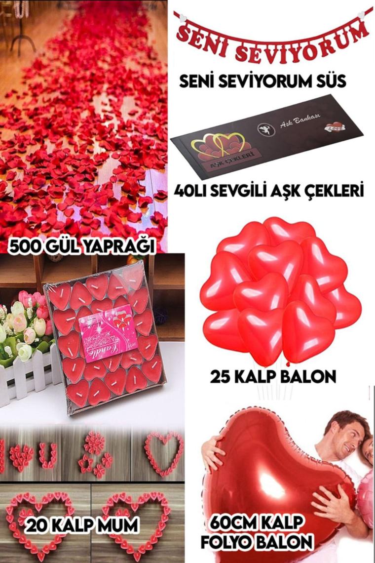 Evlilik Aşk Paketi Kalp mum, gül yaprağı balon yıl dönümü teklifi