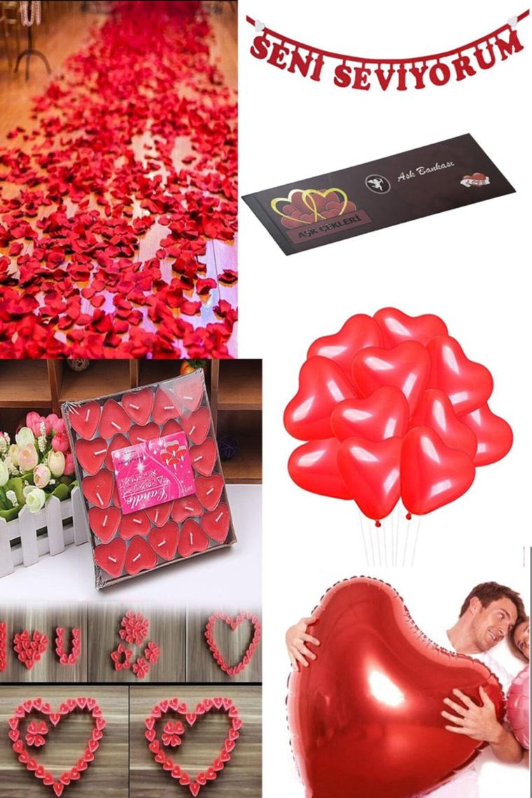Evlilik Aşk Paketi Kalp mum, gül yaprağı balon yıl dönümü teklifi