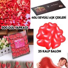 Evlilik Aşk Paketi Kalp mum, gül yaprağı balon yıl dönümü teklifi