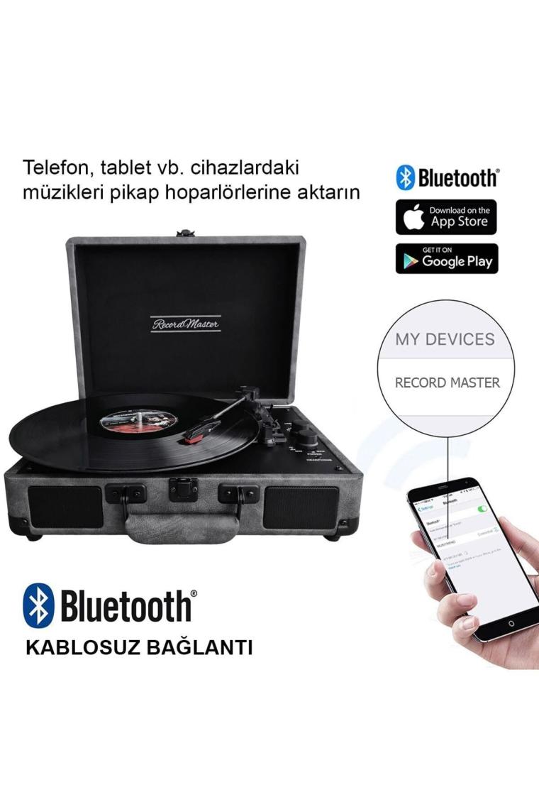 Record Master ST14012 Retro Pikap - Gri - Bluetooth ve Şarj Özellikli - Özel Dış Kaplama - Tüm Plakları Çalabilme