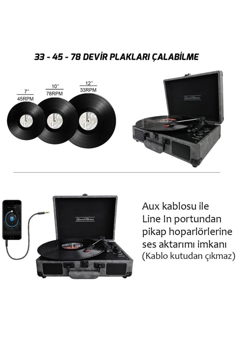Record Master ST14012 Retro Pikap - Gri - Bluetooth ve Şarj Özellikli - Özel Dış Kaplama - Tüm Plakları Çalabilme