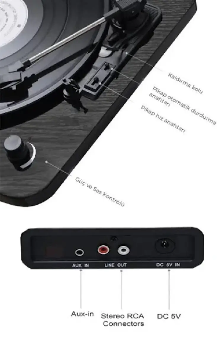 Midex Mtx-356 Nostaljik Pikap Plak Çalar (Şarjlı Bluetooth Aux Hoparlörlü 3 Devir) İğne Dahil