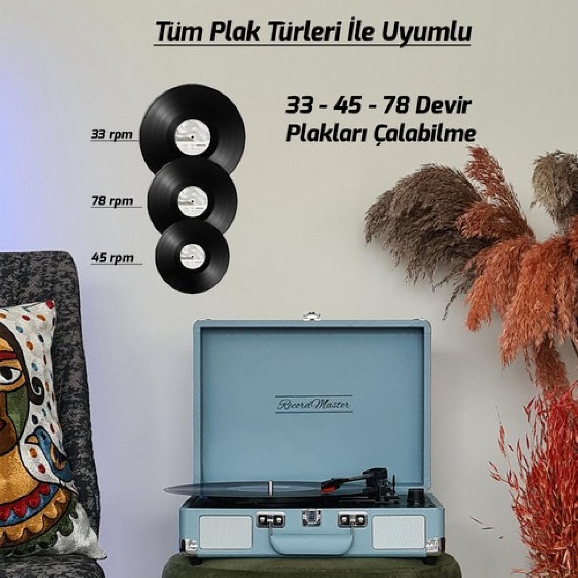 Record Master St14012 Retro Pikap - Pudra Mavi - Bluetooth Ve Şarj Özellikli - Tüm Plakları Çalabilme