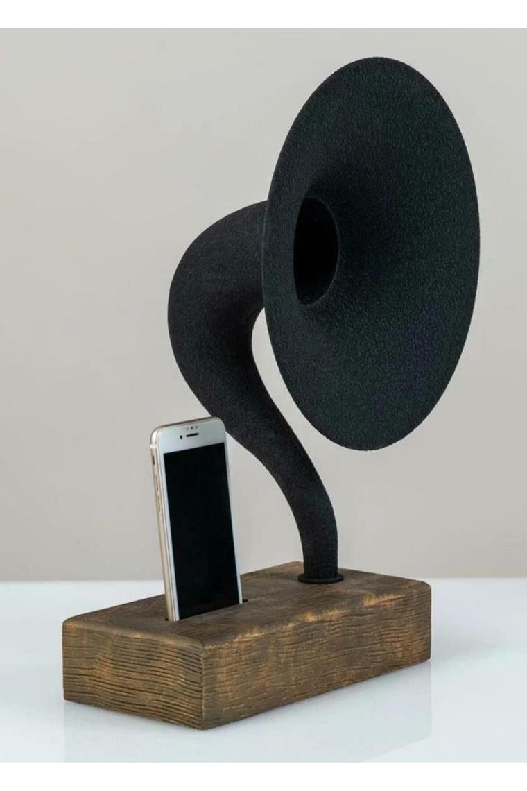Akustik Gramofon Eskitme Gold Ahşap Gövde / Siyah Metal Başlık