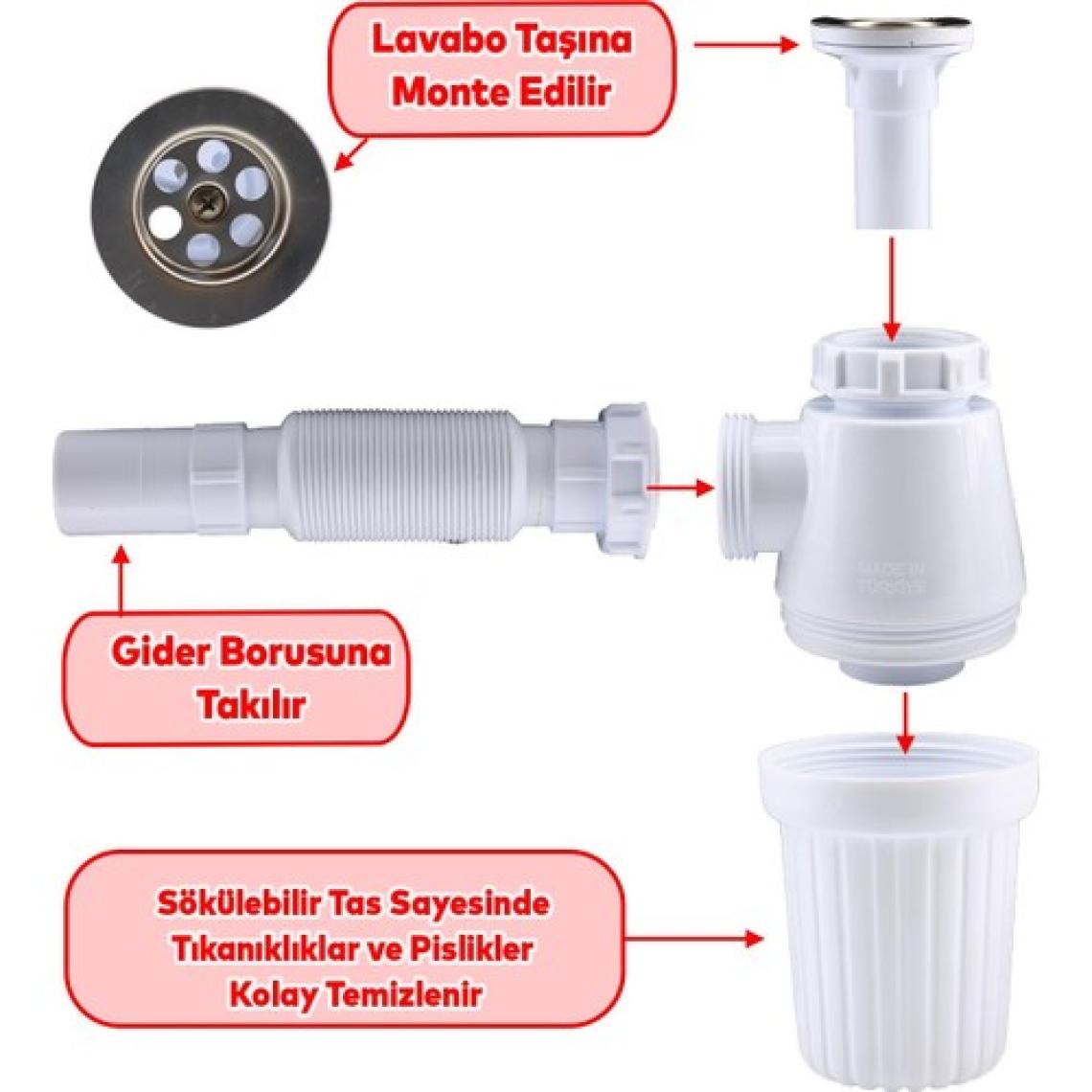 Badem10 Lavabo Sifonu Körüklü Sökülebilir Tas'lı Mutfak Banyo Evye Pis Su Gideri Borusu Plastik 38 Cm