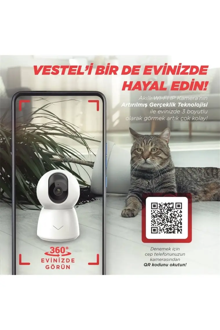 Vestel Akıllı WiFi IP Kamera - Full HD 1080p, 355° Dönme ve 60° Eğilme, Beyaz, 10m Gece Görüşü, 2.4G Kablosuz Bağlantı